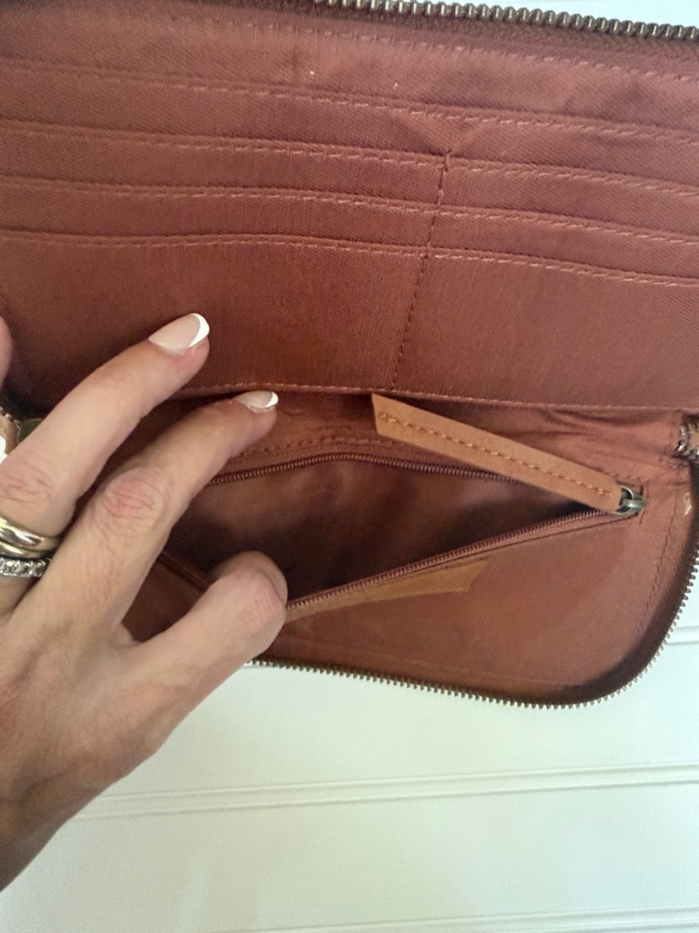 (145)Free People Cognac Tan Wristlet Clutch with Diagonal Zip Detail - Picture 4 of 8